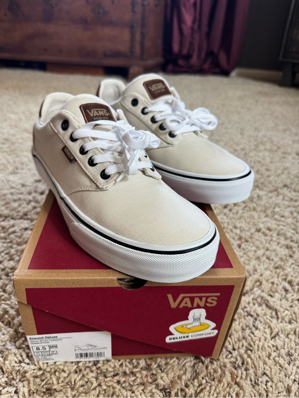 Vans Men’s Atwood Canvas Sneakers — Cream with Black Trim